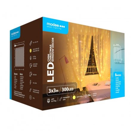 Modee Ghirlandă de Crăciun LED pentru Fereastră cu Adaptor C3006 (300LED/3m x 3m) cald