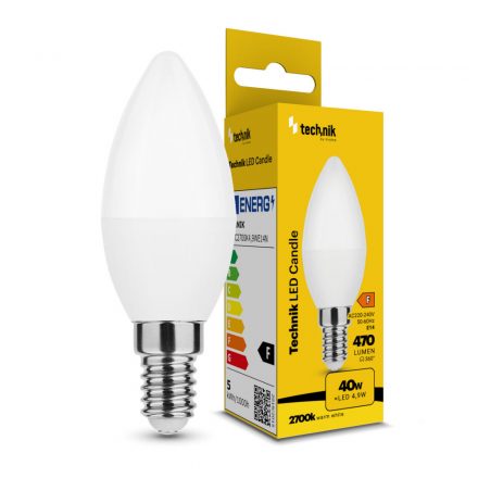 Technik LED Izzó Gyertya (Candle) C37 4,9W E14 200° 2700K (470 lumen) ERP